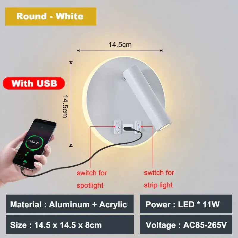 Modern white adjustable 10w wall light sconce with usb charging port made of aluminum and acrylic for bedroom reading