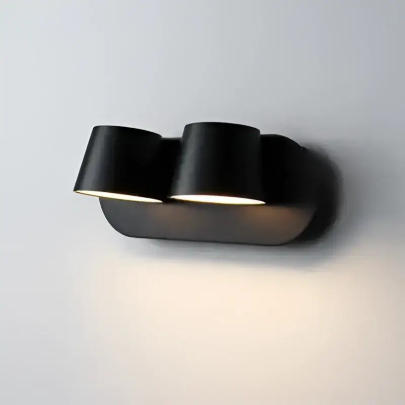 Modern white adjustable led wall lamps in black matte finish with two cylindrical light heads for living room use
