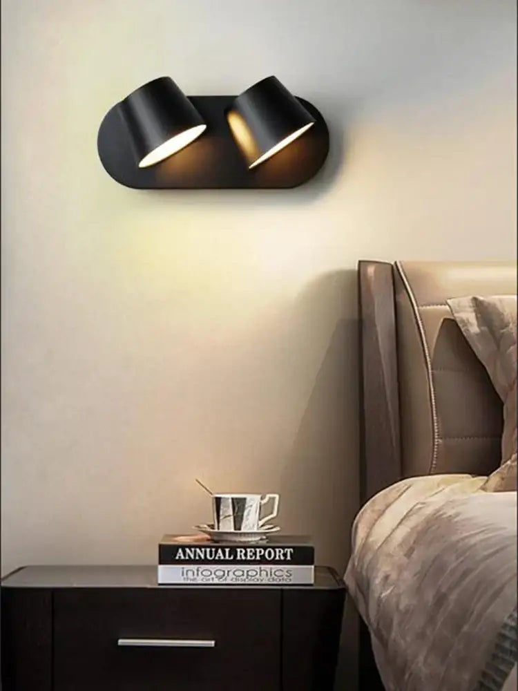 Black dual-head led wall lamps with sleek modern design and matte finish for bedroom and living room lighting