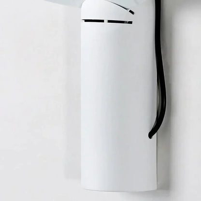White cylindrical wall-mounted fire extinguisher with black handle and nozzle combined with modern white adjustable wall sconce
