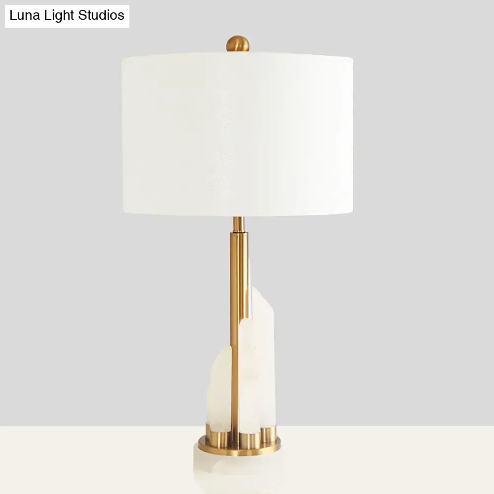 Elegant DecorBites™ minimalist 1-head drum table lighting with white fabric shade and gold-toned alabaster mica base 220v-240v
