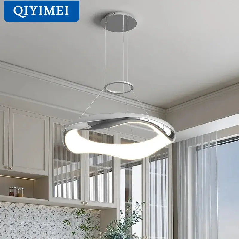 Modern white and black chrome pendant lamp with sleek curved ring and integrated led illumination for dining room decorbites black chrome
