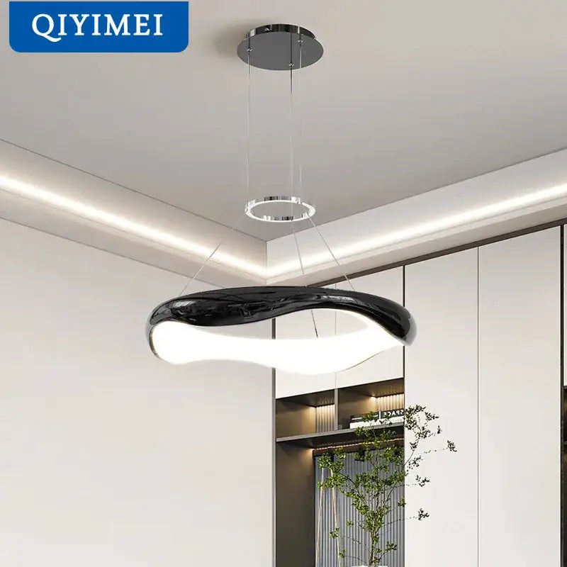 Modern white and black chrome pendant lamp with black glossy curved design and chrome accents for dining room decorbites black chrome
