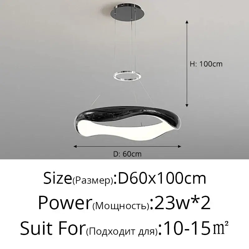 Modern white and black chrome pendant lamp with sleek curved design featuring a black chrome finish for dining room decorbites