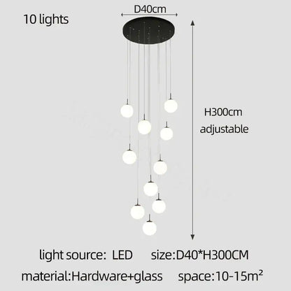 Modern white and black cream glass ball chandelier with ten hanging glass ball lights for staircase decorbites cream glass