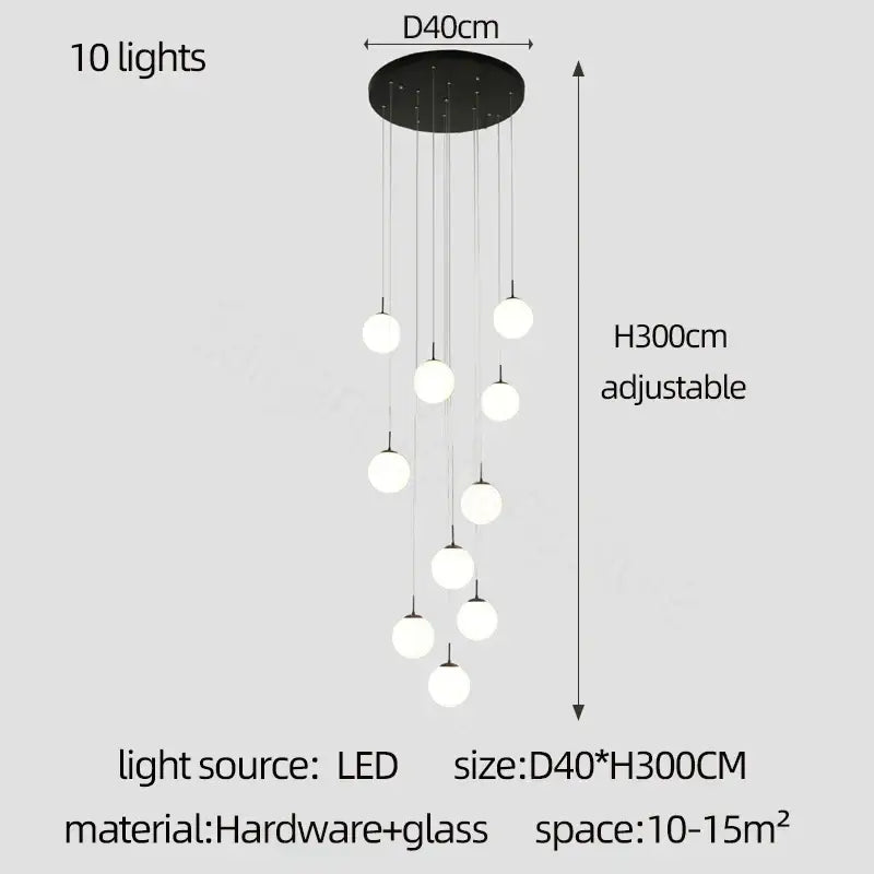 Modern white and black cream glass ball chandelier with ten hanging glass ball lights for staircase decorbites cream glass