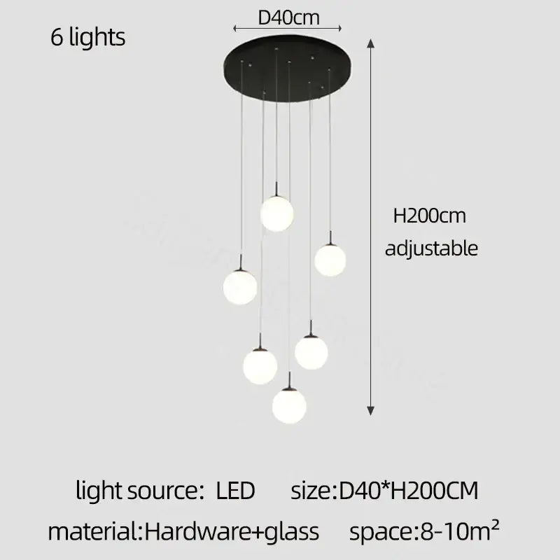 Modern black circular ceiling fixture with six adjustable cream glass ball led lights for staircase decorbites cream glass
