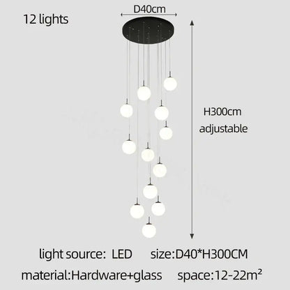 Modern black circular chandelier with 12 cream glass ball lights for staircase decorbites cream glass ball design