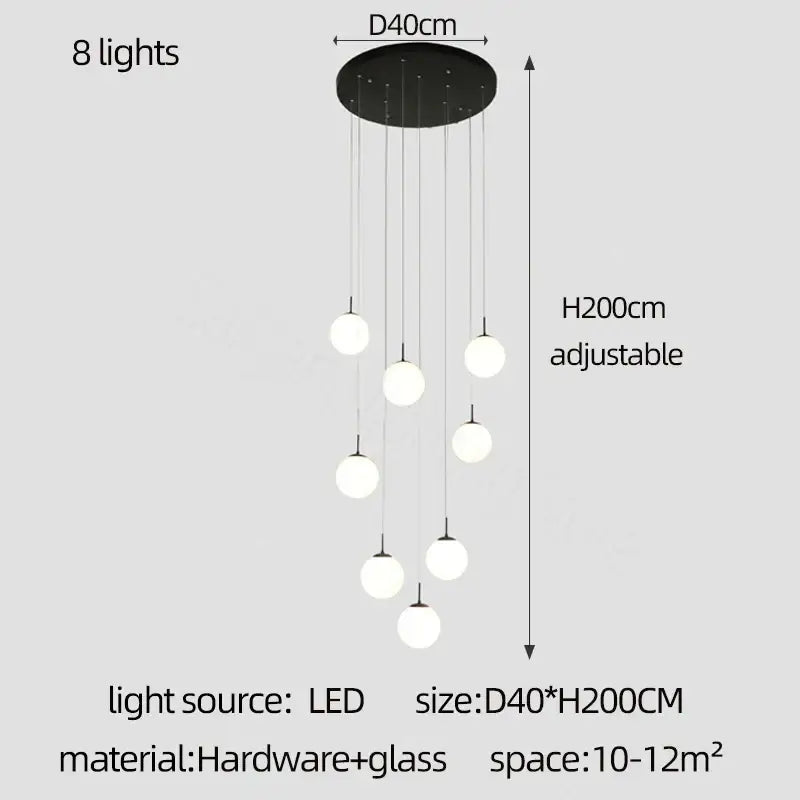 Modern white and black cream glass ball chandelier with eight glass ball globes for staircase decorbites cream glass