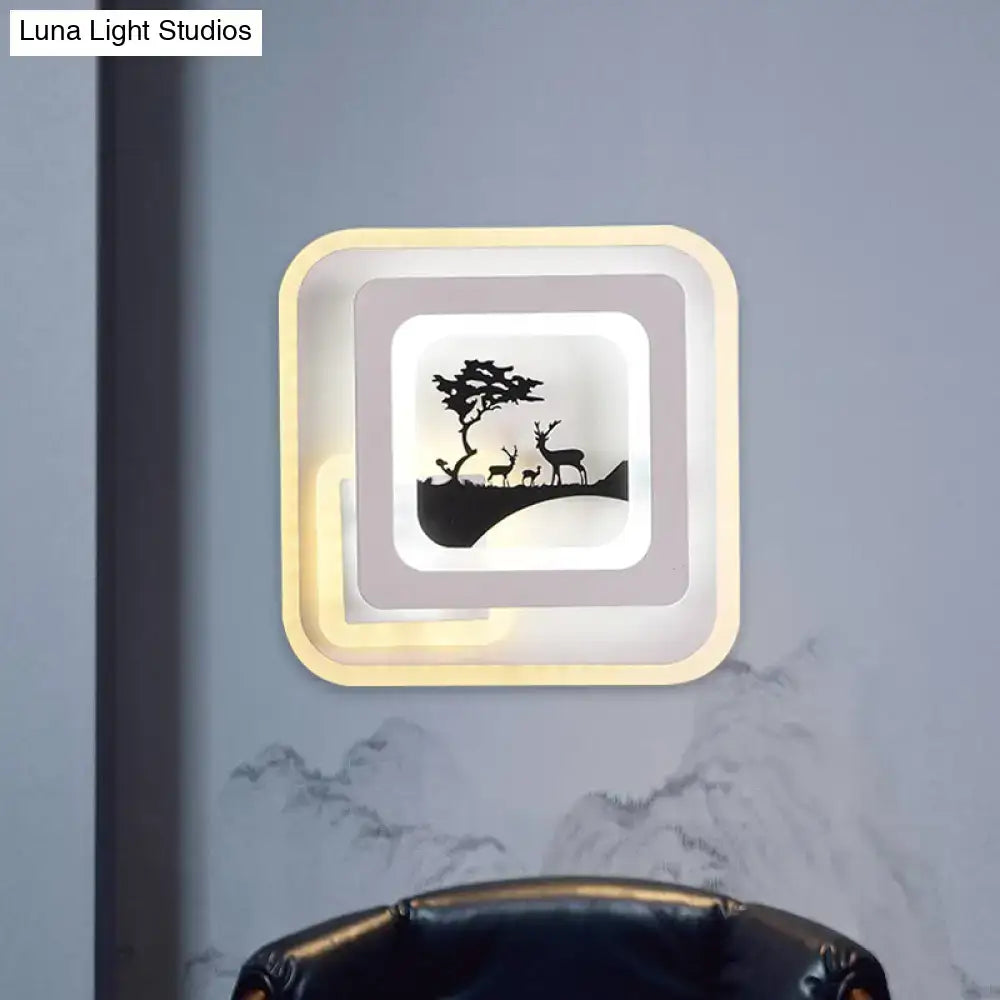 Modern white and black deer wall lamp with warm LED light and layered frames for living room illumination
