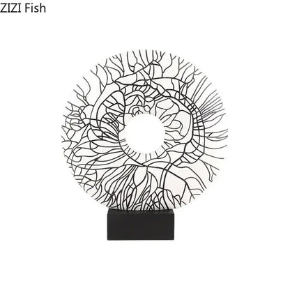 Black wireframe decorbites circle ornament with intricate branching lines on black base for modern living room decor
