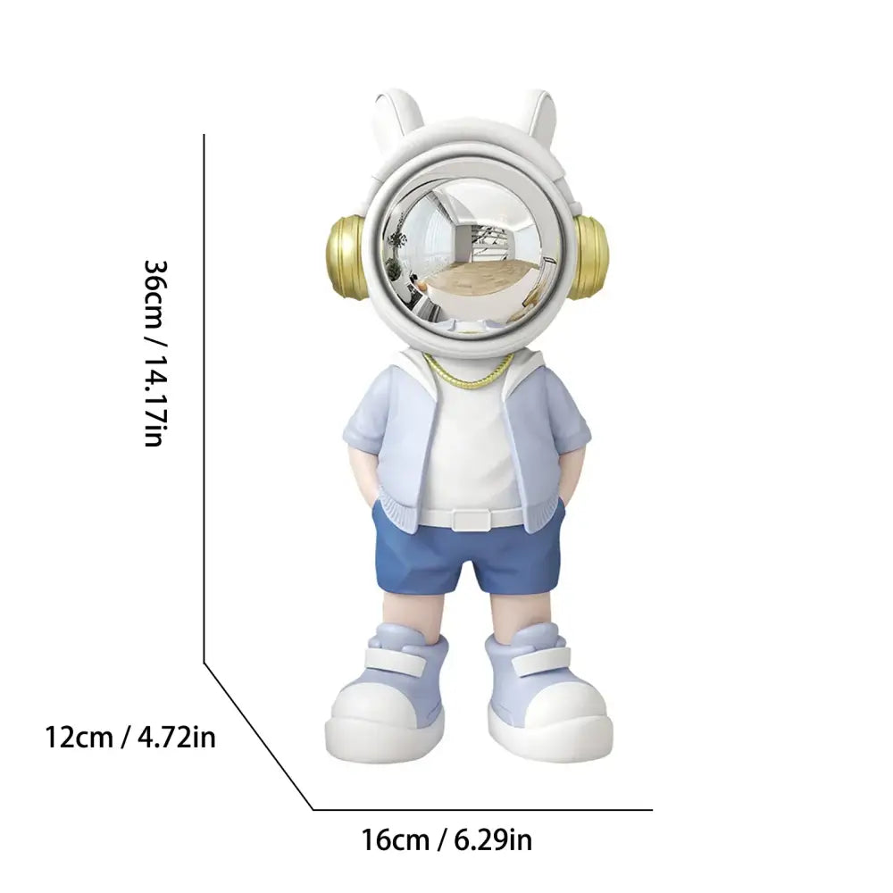 Modern white and blue astronaut resin sculpture with gold headphones reflective visor for living room decor