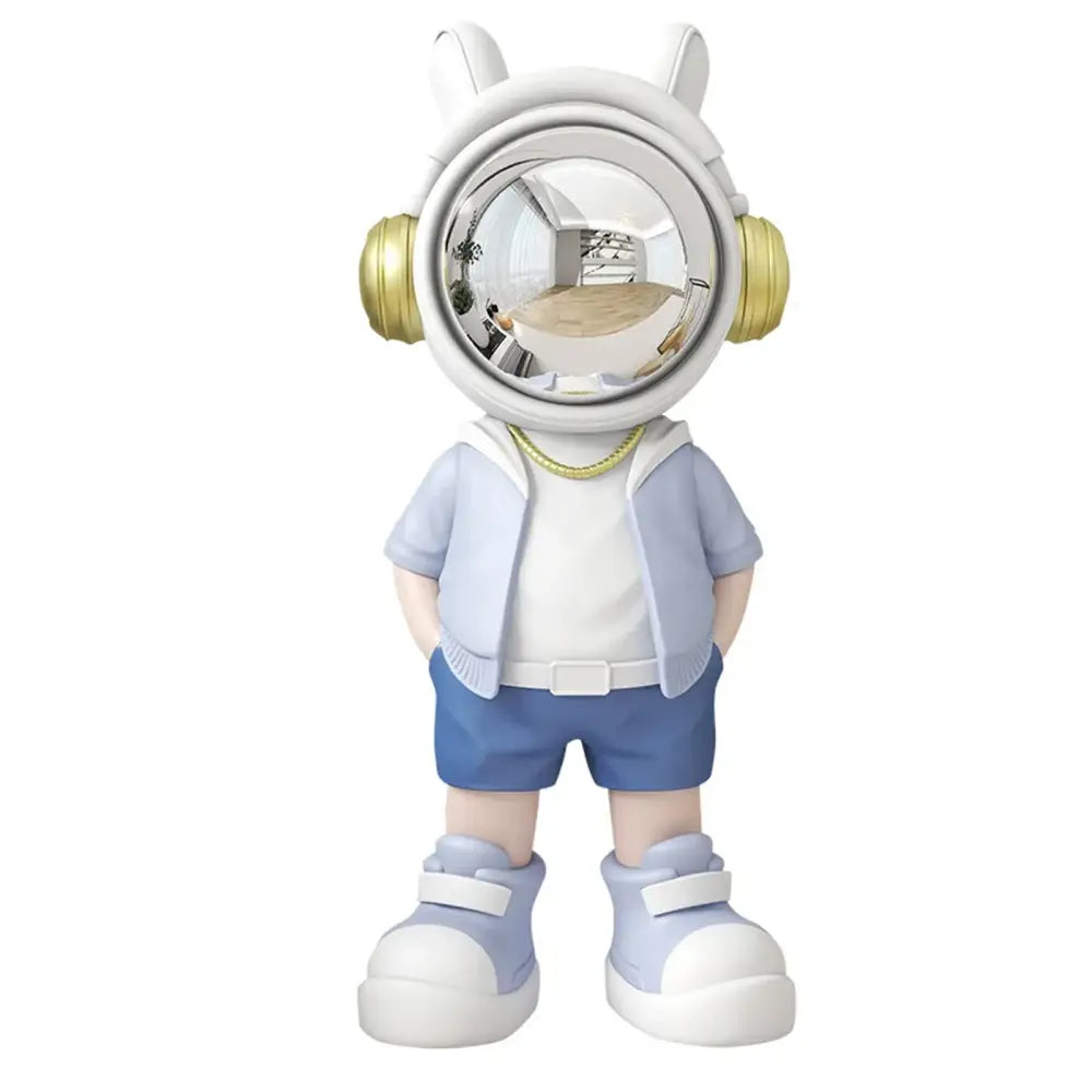 Modern white and blue astronaut resin sculpture with bunny ears and gold visor for living room decor