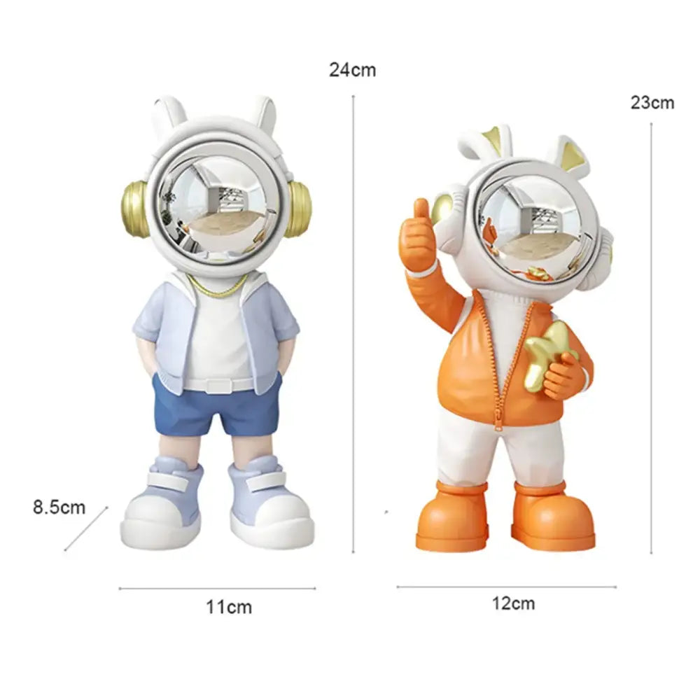 Modern white and blue astronaut resin sculpture featuring two stylized figurines in blue and orange for living room decor