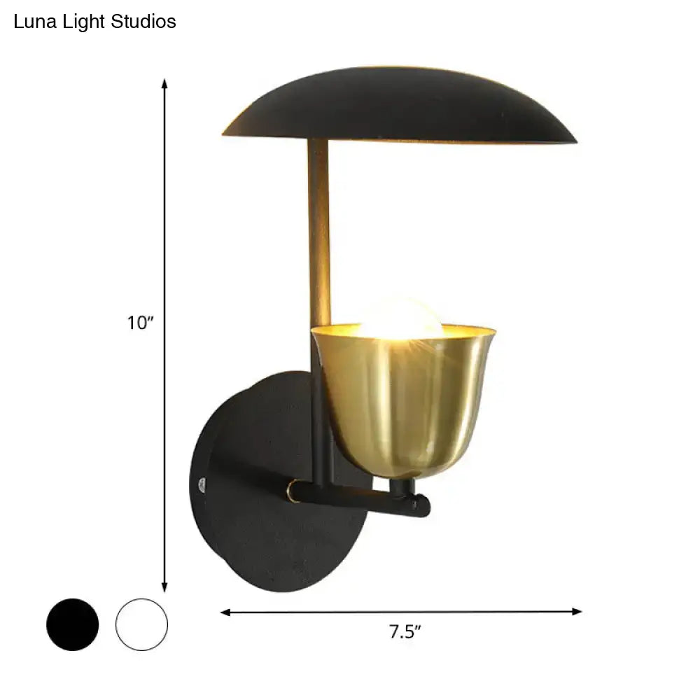 Modern white and brass bell metal sconce bedroom wall lamp with black and brass dome-shaped metal sconce shade