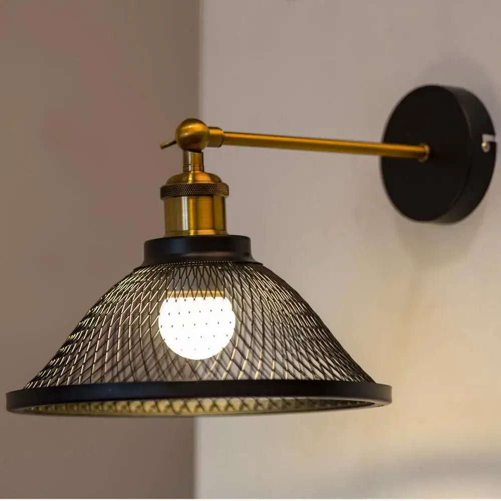 Modern white and brass iron net wall lamp with black mesh shade and brass accents for bedroom decorbites iron net wall use