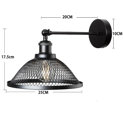 Black wrought iron industrial wall lamp with mesh shade and exposed bulb for modern bedroom decorbites iron net style