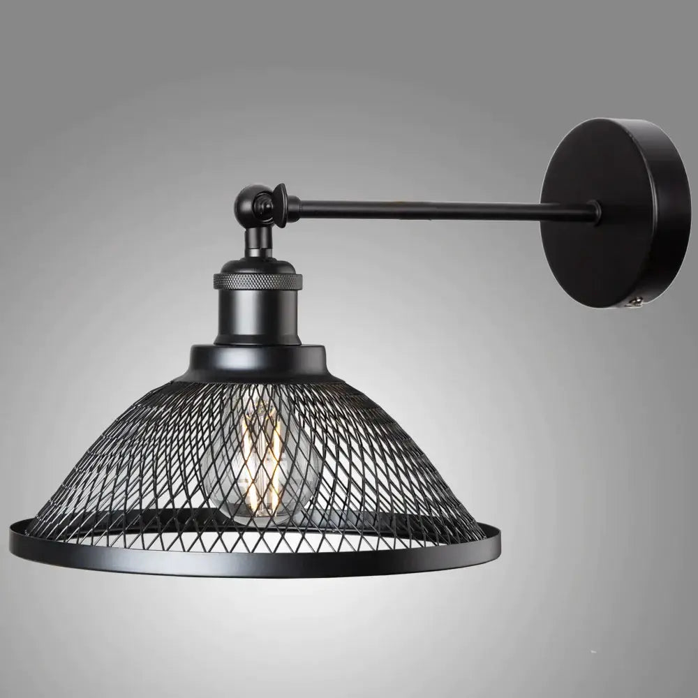 Black metal industrial-style iron net wall lamp with mesh cage and exposed bulb for modern bedroom decorbites iron net