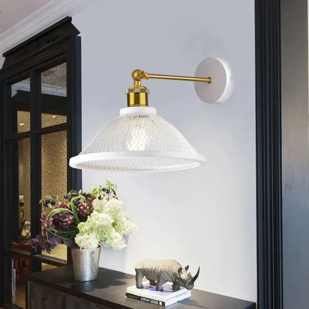 Modern white and brass iron net wall lamp with white glass pendant and gold-finished metal arm decorbites iron net wall