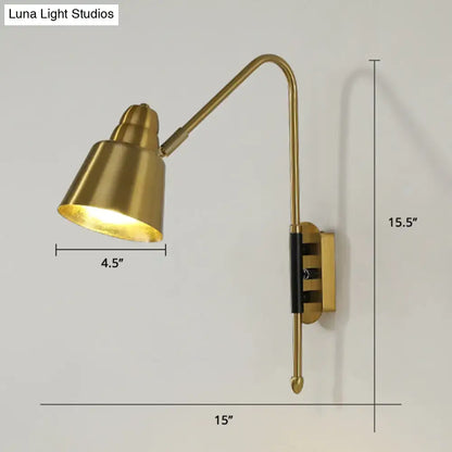 Modern white and brass v-shaped wall light with brass-finished adjustable arm and black accent band light type for reading