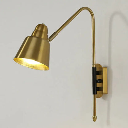Modern white and brass v-shaped wall light with brass-finished adjustable conical shade and black accent band light type