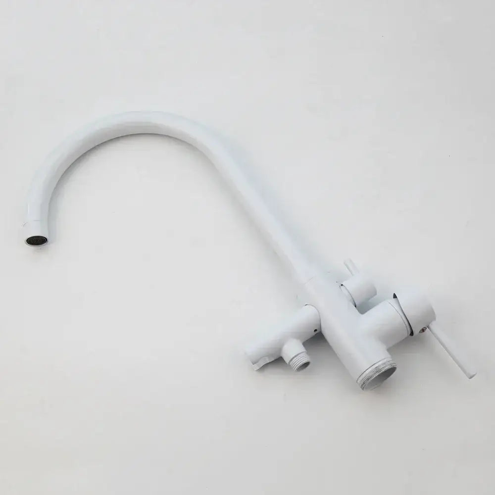 Modern white and chrome bathtub faucet set featuring a floor mount with a white faucet with curved spout and dual handles