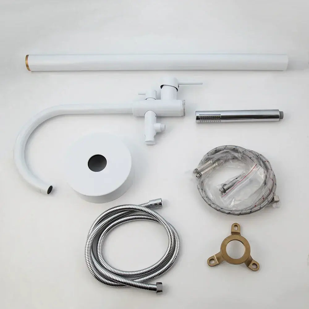 Modern white and chrome bathtub faucet set with curved spout, integrated showerhead, flexible hoses, and brass bracket
