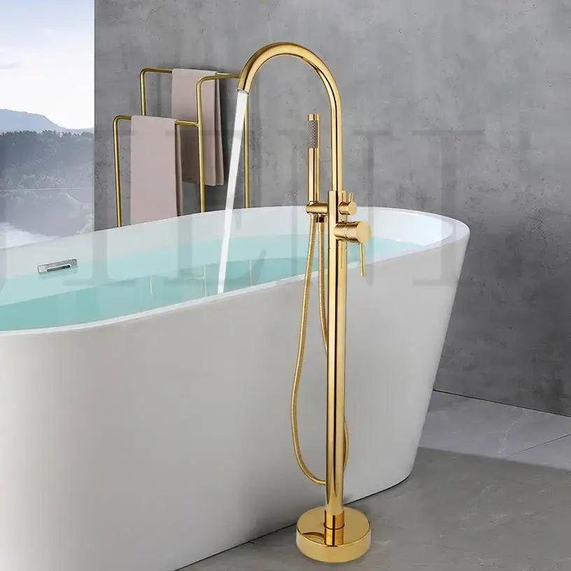 Modern white and chrome freestanding bathtub faucet set with gold finish tall curved spout and detachable handheld showerhead