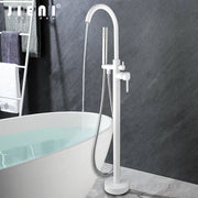 Modern white and chrome freestanding bathtub faucet set by jieni with a tall curved spout and chrome showerhead