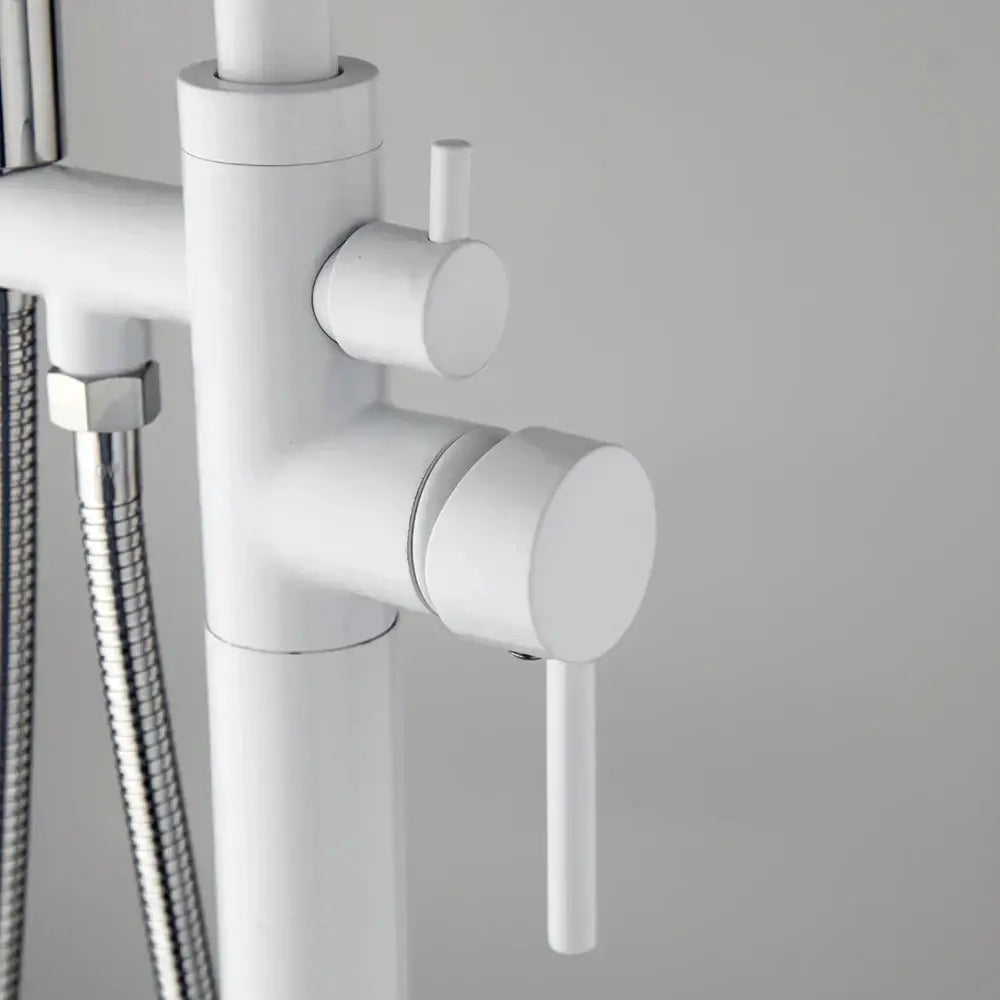 Modern white and chrome bathtub faucet set with matte finish and chrome shower hose for bathroom floor mount