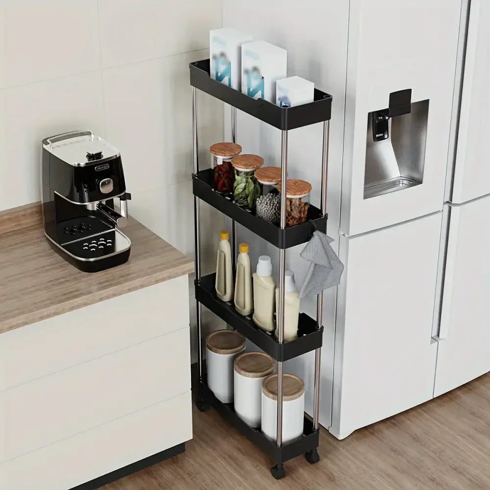 Black three-tier rolling kitchen cart with stainless steel frame and casters for bathroom storage rack use