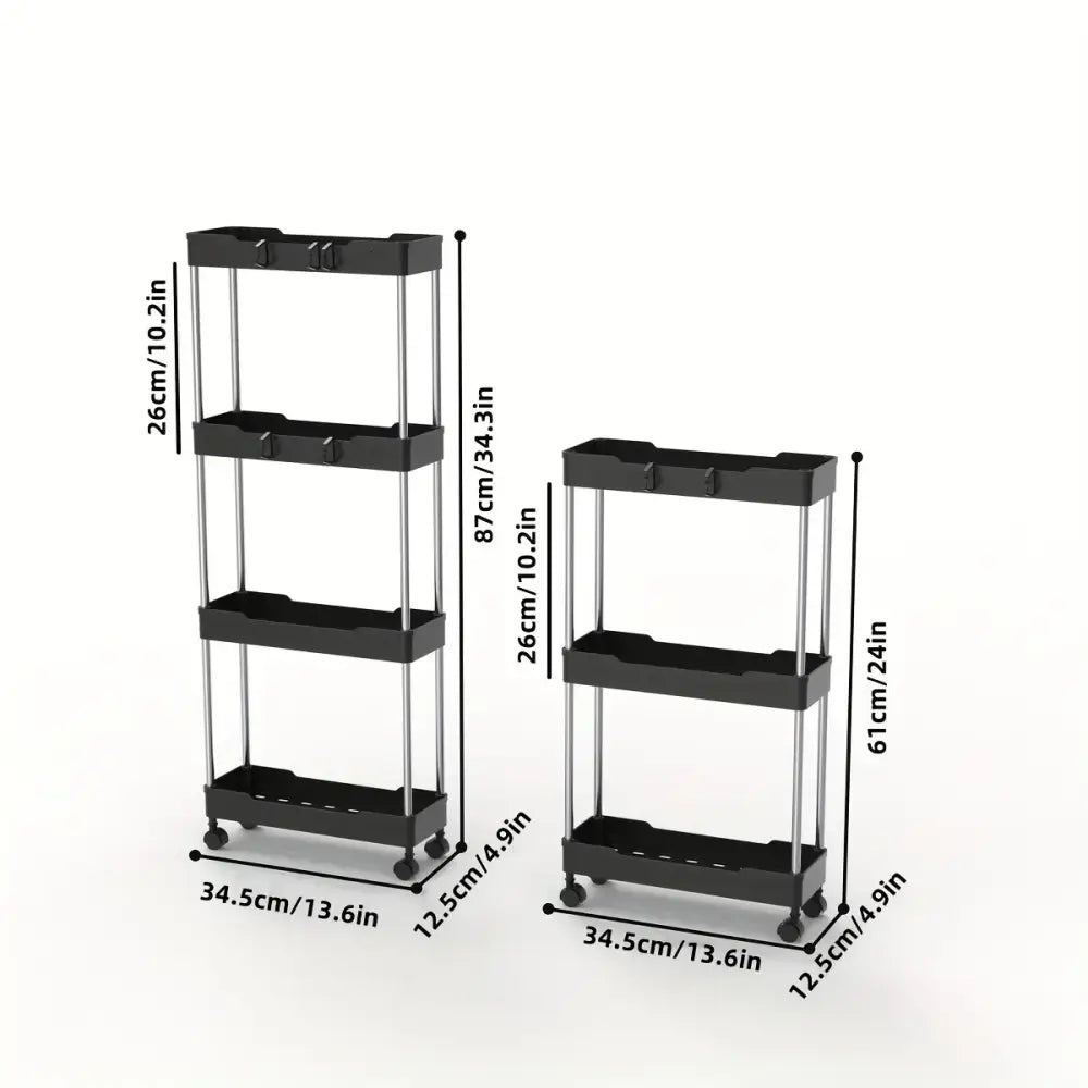 Modern white and chrome rolling utility cart with black plastic and metal multi-tiered storage rack for bathroom storage