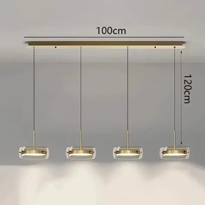 Modern white and clear glass pendant light with four rectangular shades and remote dimming for dining room use