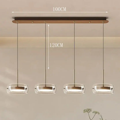 Modern white and clear glass ring pendant light with wooden bar and remote dimming for dining room ambiance
