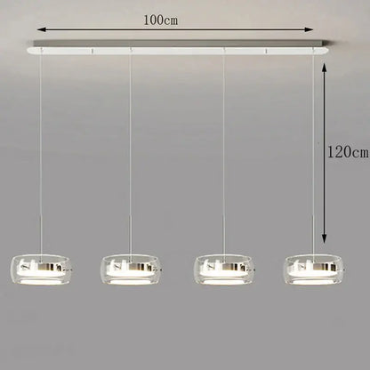 Modern white and clear glass pendant light with four globes and remote dimming for dining room illumination