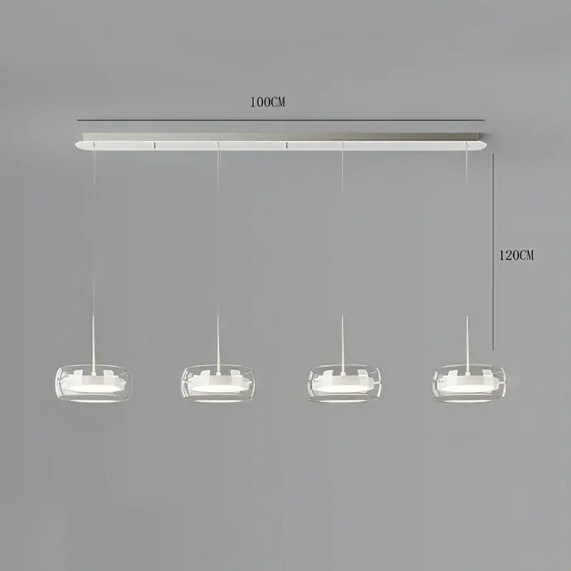 Modern white pendant light with four clear glass shades and remote dimming for dining room illumination