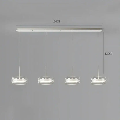 Modern white pendant light with four clear glass shades and remote dimming for dining room illumination