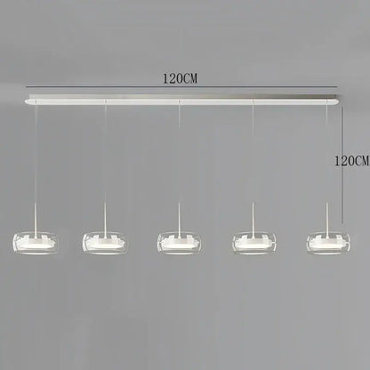 Modern white pendant light with five clear glass globes and remote dimming for dining room lighting