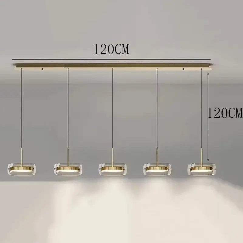 Modern gold-toned pendant light with five rectangular glass shades for dining room featuring remote dimming control