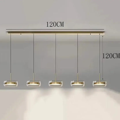 Modern gold-toned pendant light with five rectangular glass shades for dining room featuring remote dimming control