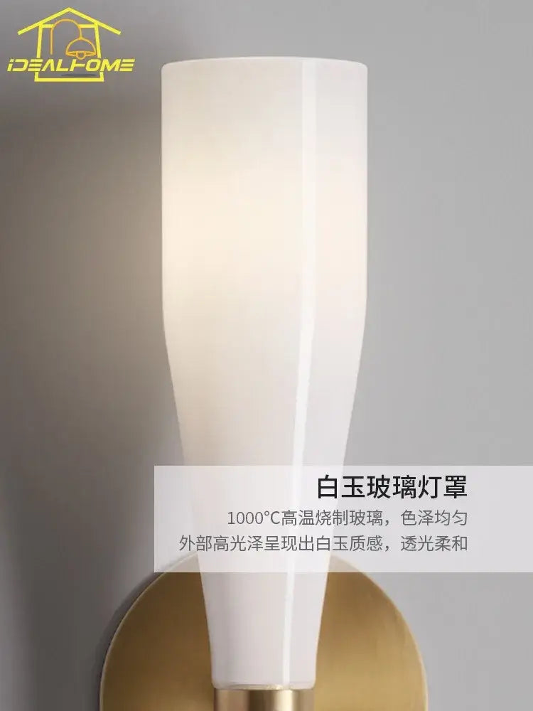 Modern white and copper wall lamp with white jade glass frosted lampshade featuring smooth translucent finish decorbites copper wall