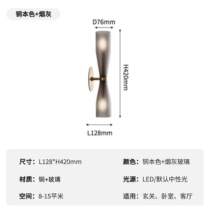 Modern white and copper wall lamp with copper-finished metal base and two smoked glass shades for bedroom decorbites copper wall