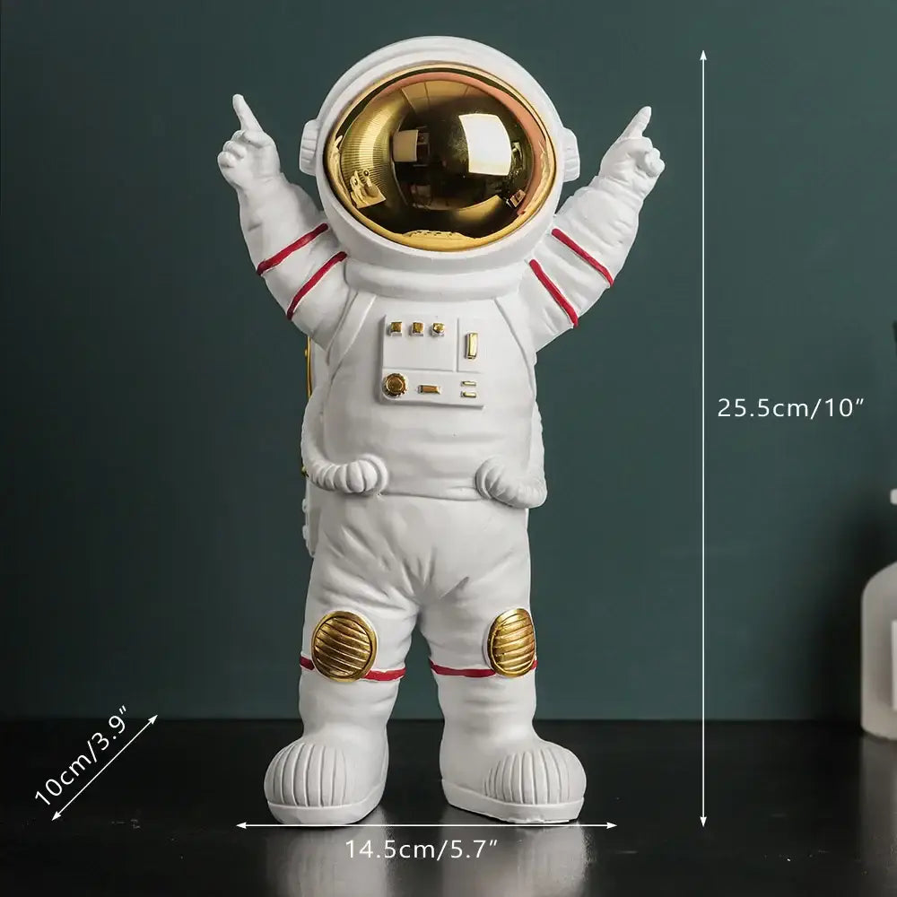 Modern white astronaut figurine with electroplated golden visor and knee pads accented by red stripes for living room decor