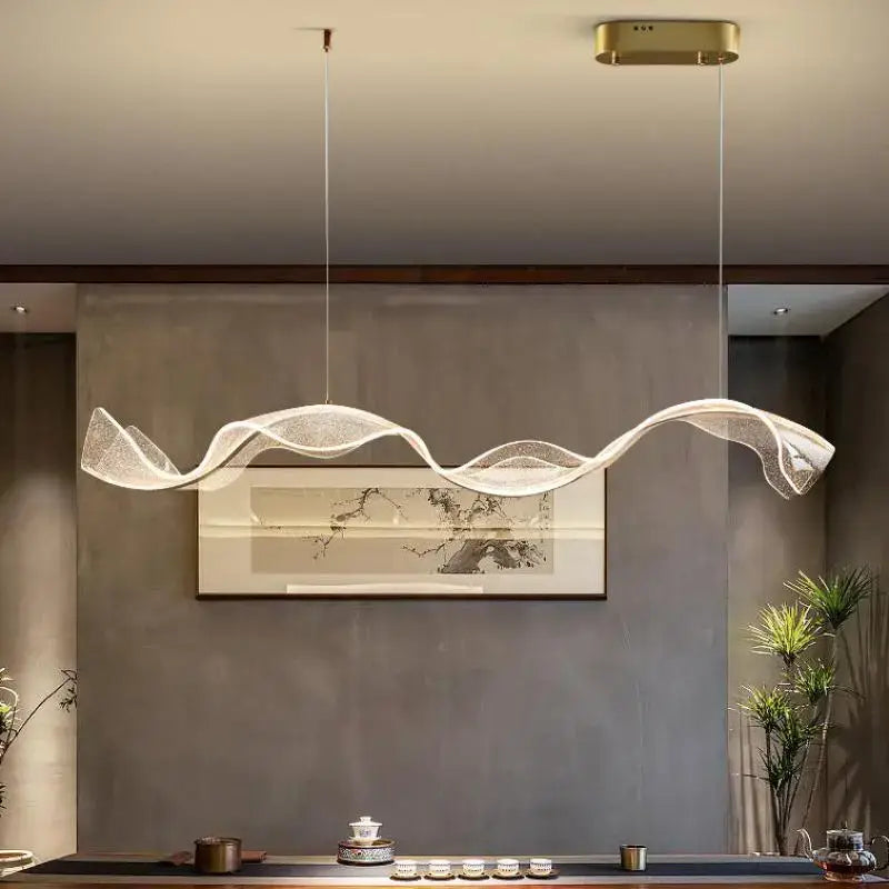 Modern white and gold acrylic ribbon led pendant light with translucent wave shape for dining room decorbites acrylic ribbon