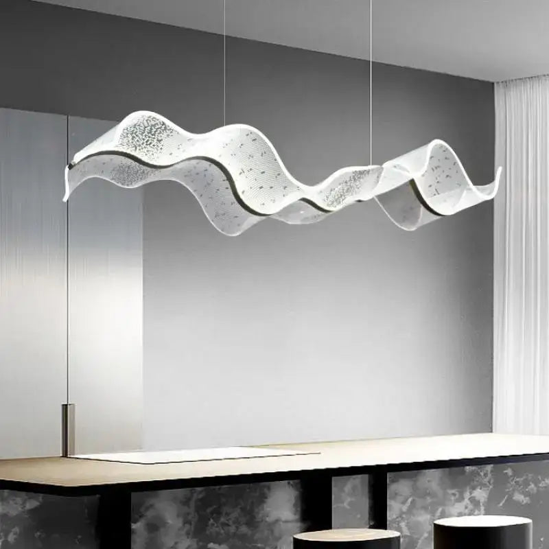 Modern white and gold acrylic ribbon led pendant with a translucent textured wave design for dining room decorbites acrylic ribbon