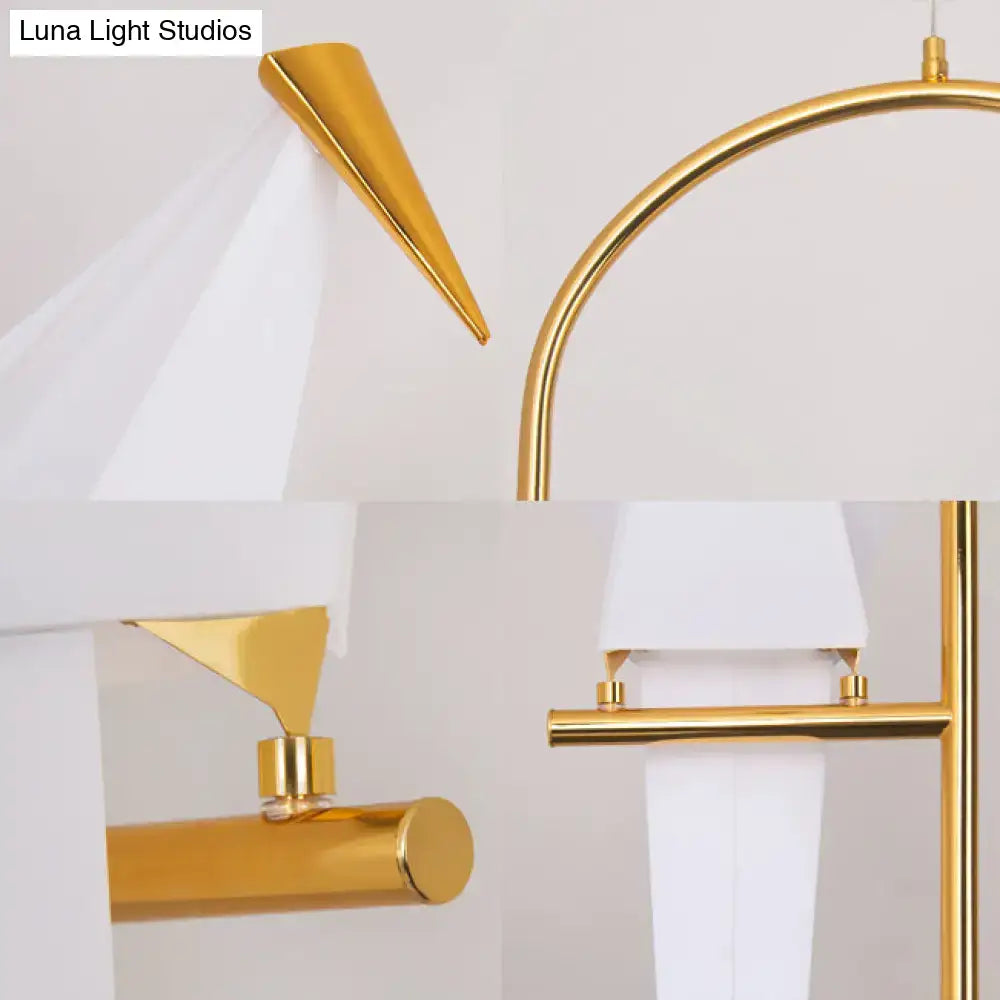 Decorbites™ modern bird shaped island pendant light with gold toned metal frame and white fabric shade for bedroom