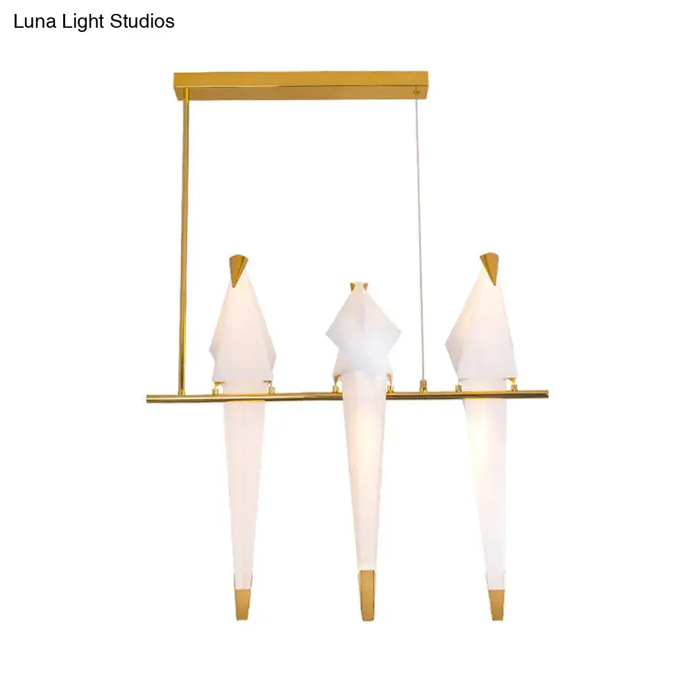 Decorbites modern bird shaped gold-toned island pendant light with three white glass umbrella shades for bedroom