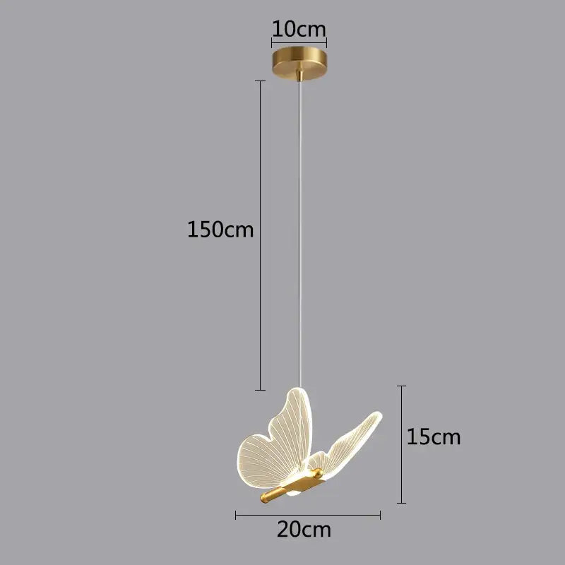 Delicate gold-toned butterfly pendant lights with translucent wings on a slender cord for modern bedroom decor