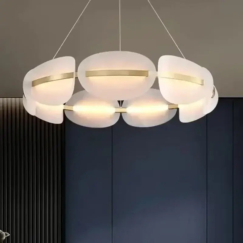 Modern white and gold circular led pendant light with six frosted glass petal shades by decorbites circular led pendant