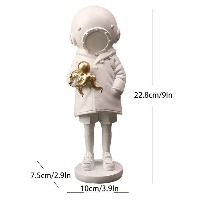 Modern white and gold deepsea diver sculpture featuring an astronaut figurine holding a golden octopus for living room decor